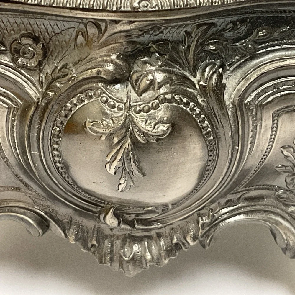 Vintage Pewter Intricate Floral Jewelry Casket Box Ornate Victorian Design Japan